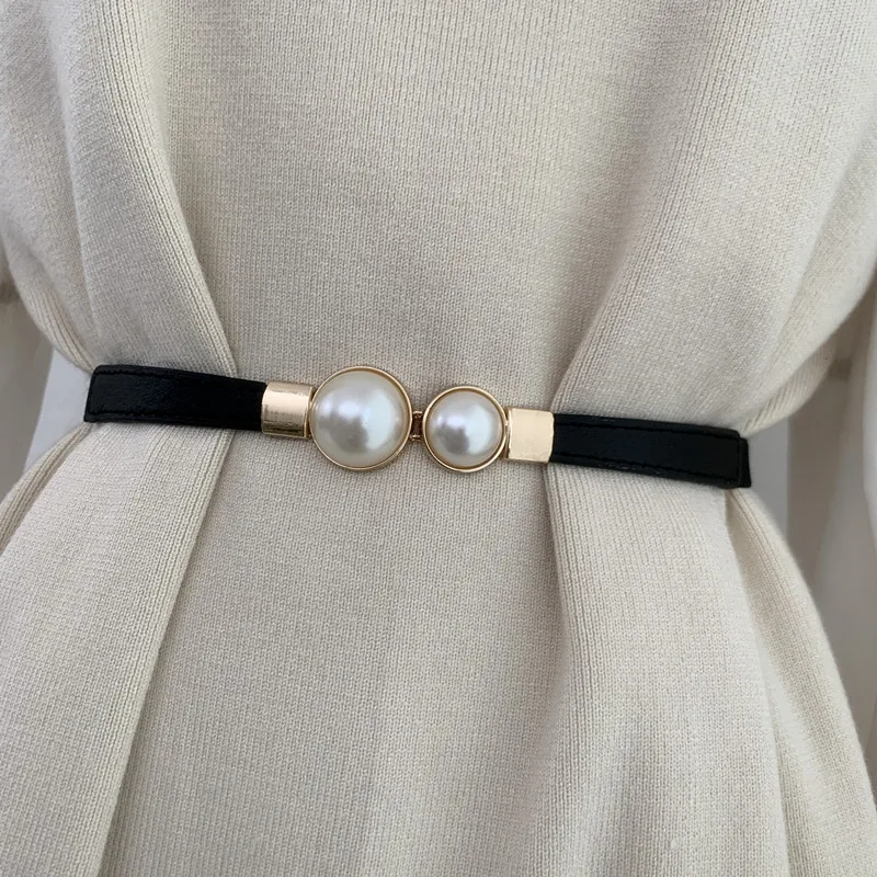 2022 New Designer Ladies White Belt Fashion Sweater Black Pu Leather Pearls Belt For Women Dress