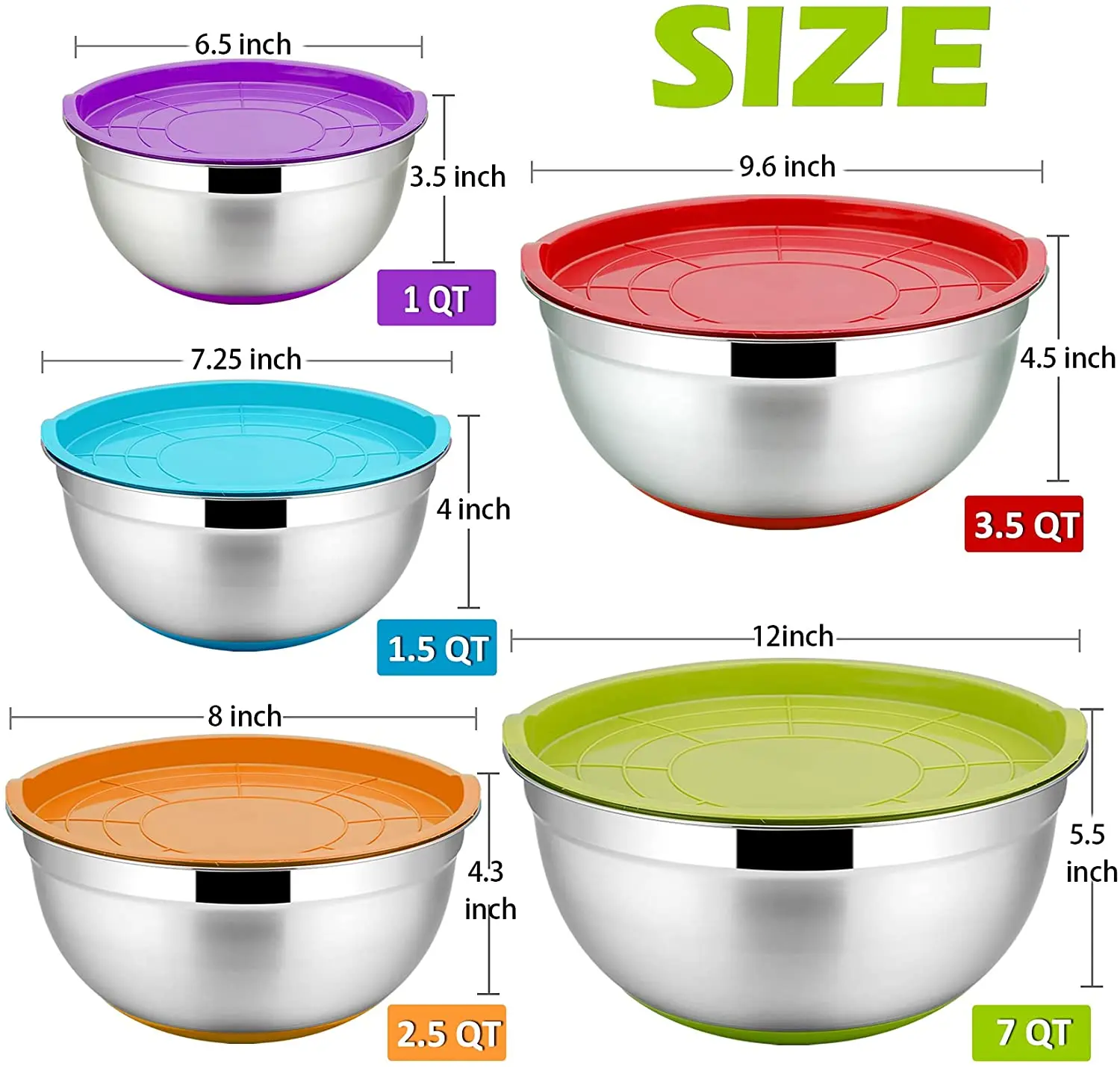 Stainless Steel Mixing Bowls (Set of 5), Non Slip Colorful Silicone Bottom  Nesting Storage Bowls, Polished Mirror Finish For Healthy Meal Mixing and  Prepping 1.5 - 2 - 2.5 - 3.5 - 7QT 