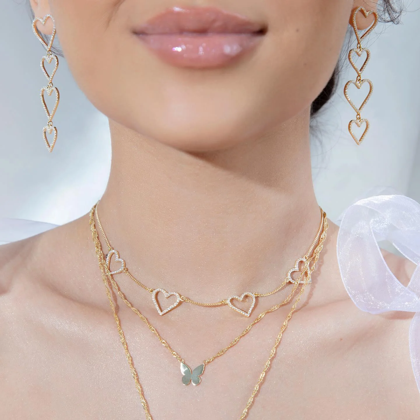 Promotion Gold Plated Colorful CZ Paved Multi Heart Love Charm Choker Necklace Women Lady Wedding Necklaces Valentines Day Gift
