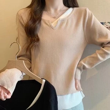 Autumn Long Sleeve Knitting V Neck False Two Pieces Women Tops And Blouses