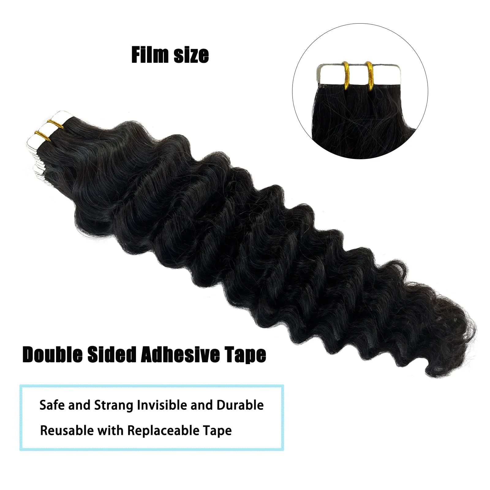 Extensii de păr uman cu bandă adezivă, ondulate adânc, păr Remy brazilian, extensii de păr creț, 20 buc/set, negru natural, 16-26 inci_voghion.com