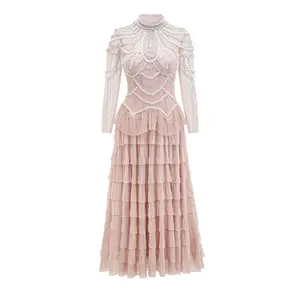 Shining Diamonds Pearl Beading Sexy See Through Mesh Ball Gown Dress Woman Birthday Party Vestido Celebrity Party Outfit