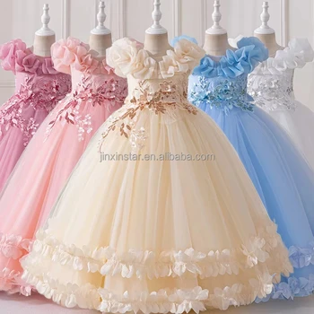 Mid-Length ShortSleeve Princess Dress for Girls O-Neck Collar Tulle Skirt Solid Pattern for Weddings Children's Day Performances