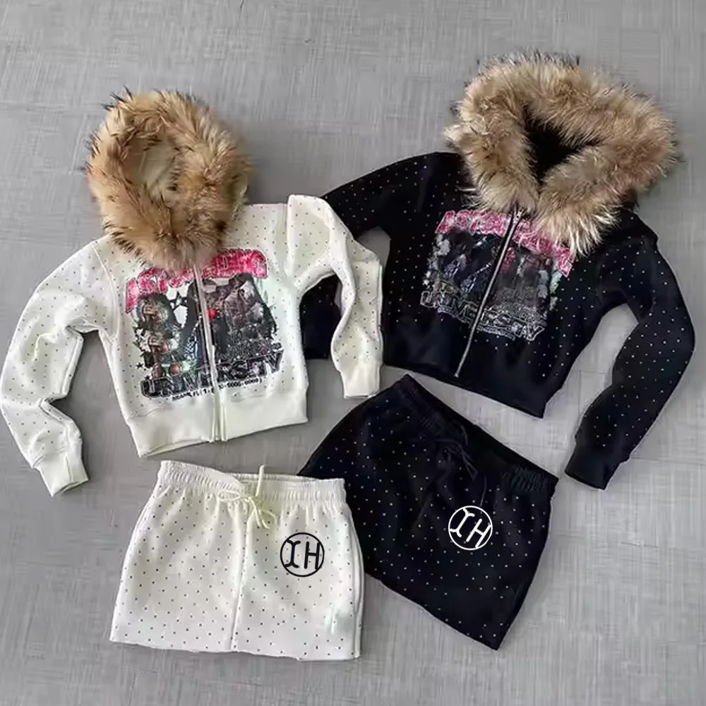 Fur Collar Sweatshirt With Fur Sleeves Custom Y2K Piece Set Faux