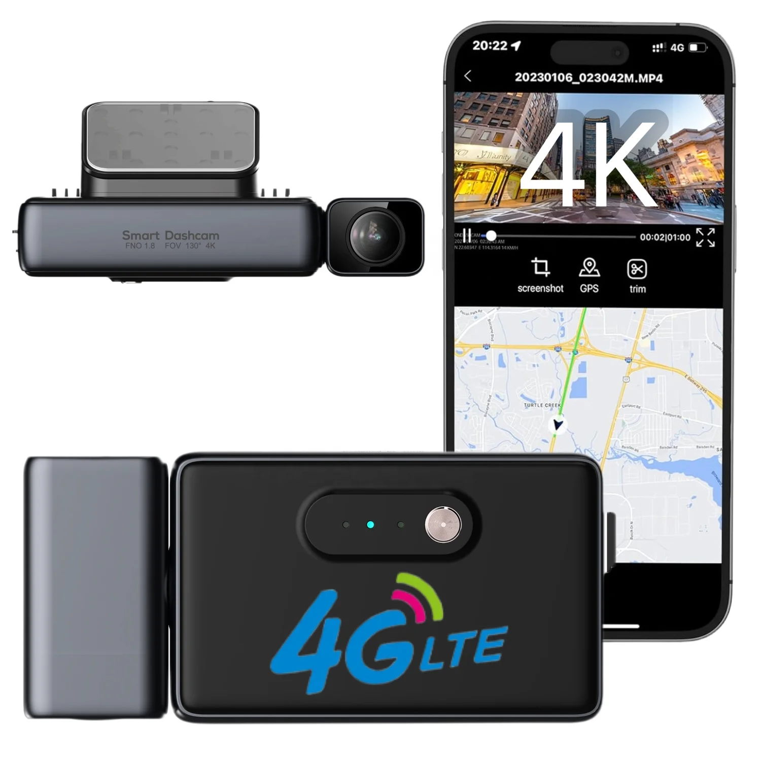 4K Smart HD Cloud Driving Recorder with 4G LTE and GPS Smart Sense Parking and Roadwatch 4K Front and Rear Dash Cam