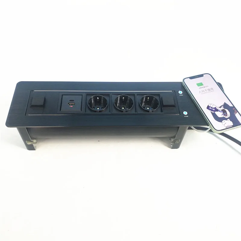 Table Hidden Desktop Rotating Cable Cubby Electrical Socket Panel Motorized Flip Tabletop Socket with Fast Wireless Charger