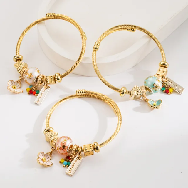 Hot sale gold plated stainless steel flower charm bracelet large hole colorful beads DIY bangle bracelet for women girls