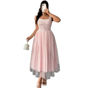 Women's Sweet Natural Waist Elegant Bow Neck Casual Maxi Party Dress Custom Logo Pleated Mesh Solid Woven Knitting Top Button