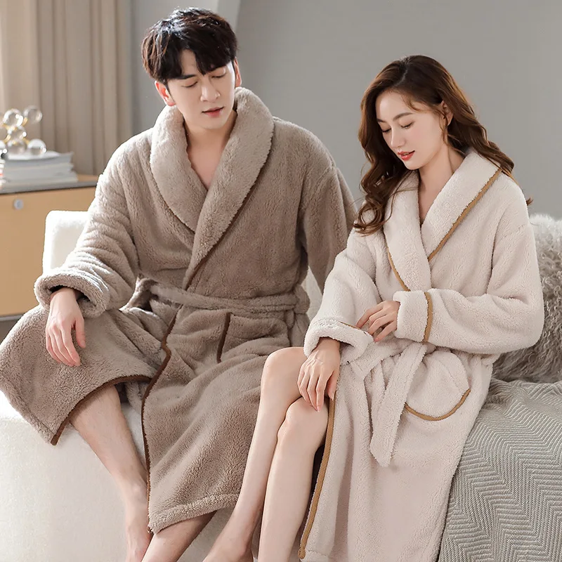 Men and Women Long Coral Fleece Bathrobe Over-the-Knee Style Flannel Lining Plus Size Winter Couples