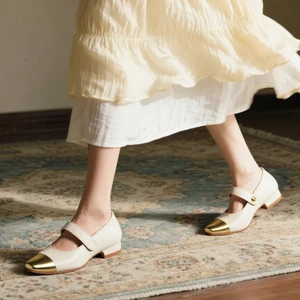 High Quality New Custom One Line Buckle Mary Jane Shoes Women'S Flat Sandals Slip-On Leather Knitted Square Toe Flats