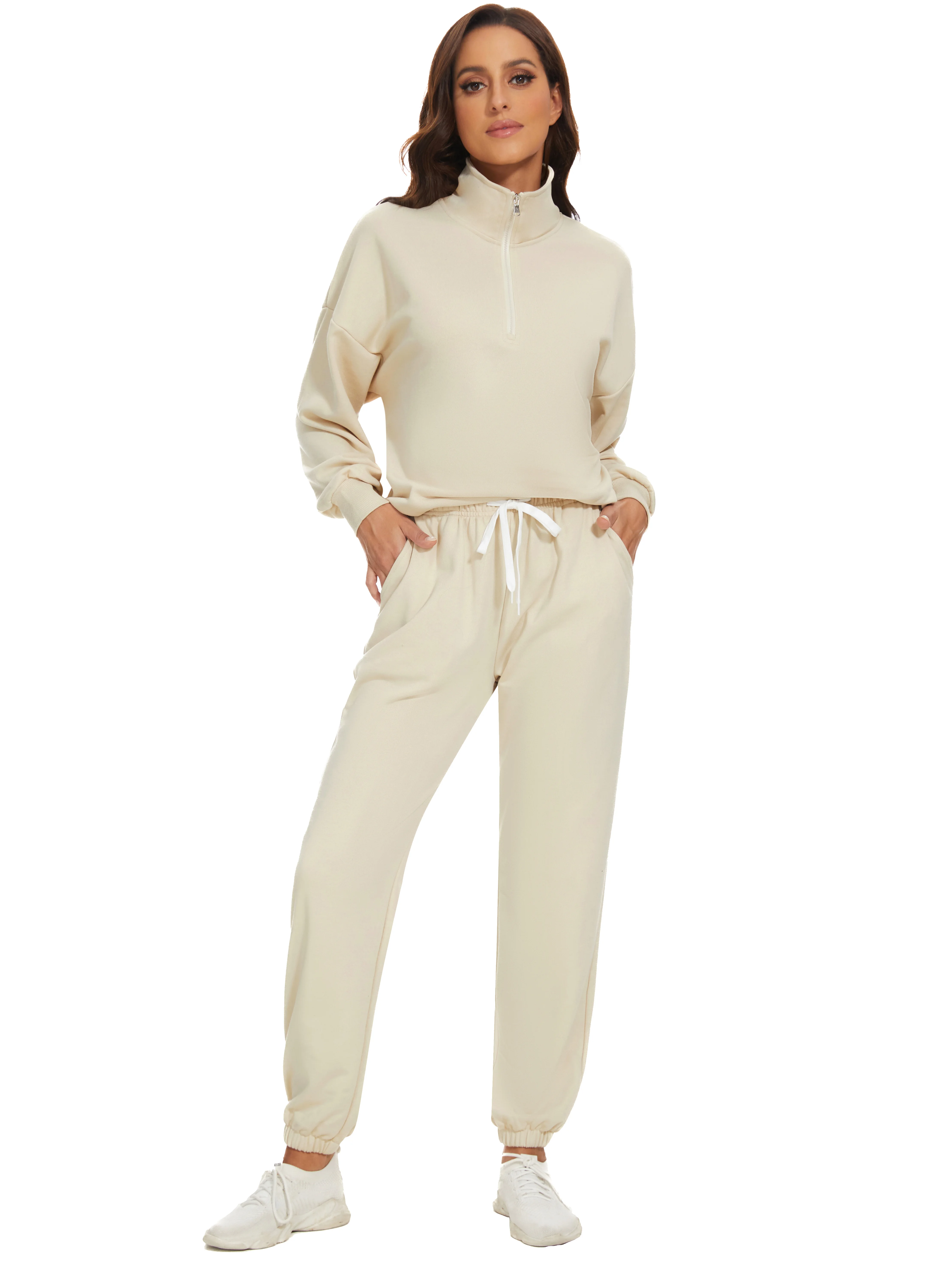 Fall Winter Custom Women Blank Half Zip Sweatshirt and Sweatpants Sets Streetwear Two Pieces Tracksuits for Women