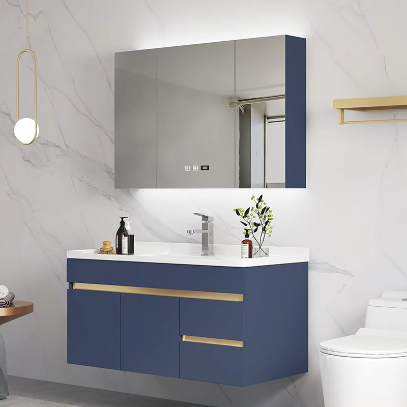 Modern European Blue Gold Design Wall Mount Bathroom Vanity Cabinet Basin Mirror Set Waterproof Bathroom Wash Basin Cabinet