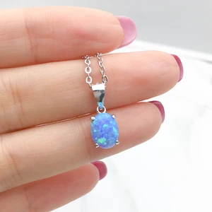 Elegant 925 Sterling Silver Jewelry Pendants Fashion Oval Shape Blue Gemstone Opal Pendant for Women