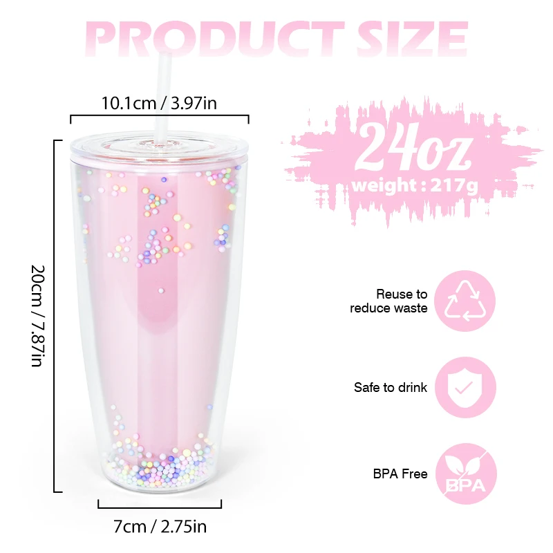Quality Customized Insert 24oz Bulge Acrylic Plastic Cup with Decoration Ball and Straw 40PCS/CASE