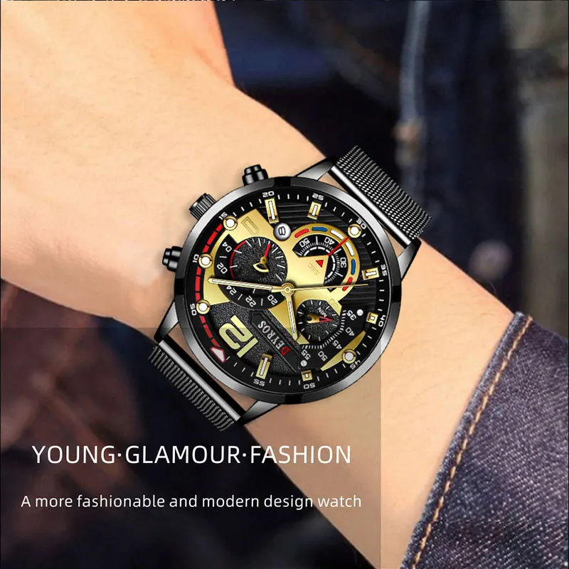 人気激安 新品 クロノグラフ DEYROS 腕時計メンズ ラグジュアリーステンレス 黒黒