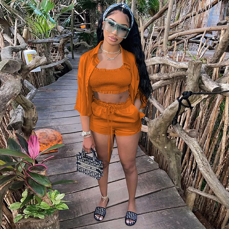 Spring 2022 Women s Clothing Solid Color Jacket Tank Top Biker Shorts Sets  Summer Clothes Piece Set Women