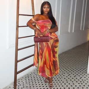 GX03580 Fashion Boutique 2026 Sexy Clothing Boutique Women Off Shoulder Printed Patchwork Mesh Long Dress Elegant Maxi Dresses