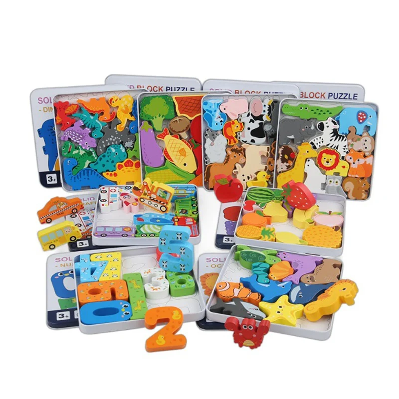 CPC CE Nouveaux puzzles en bois de dessin animé 3D Blocs de construction Jouet éducatif Jeux de puzzle en bois pour enfants et bébés âgés de 2 à 4 ans