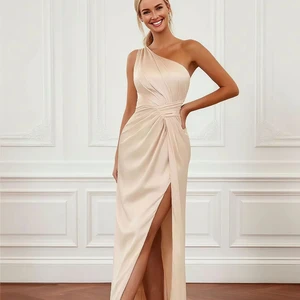 Luxury  One - Shoulder Ruched Bridesmaid Gown with High Slit - Elegant Formal Satin Maxi Party Dress
