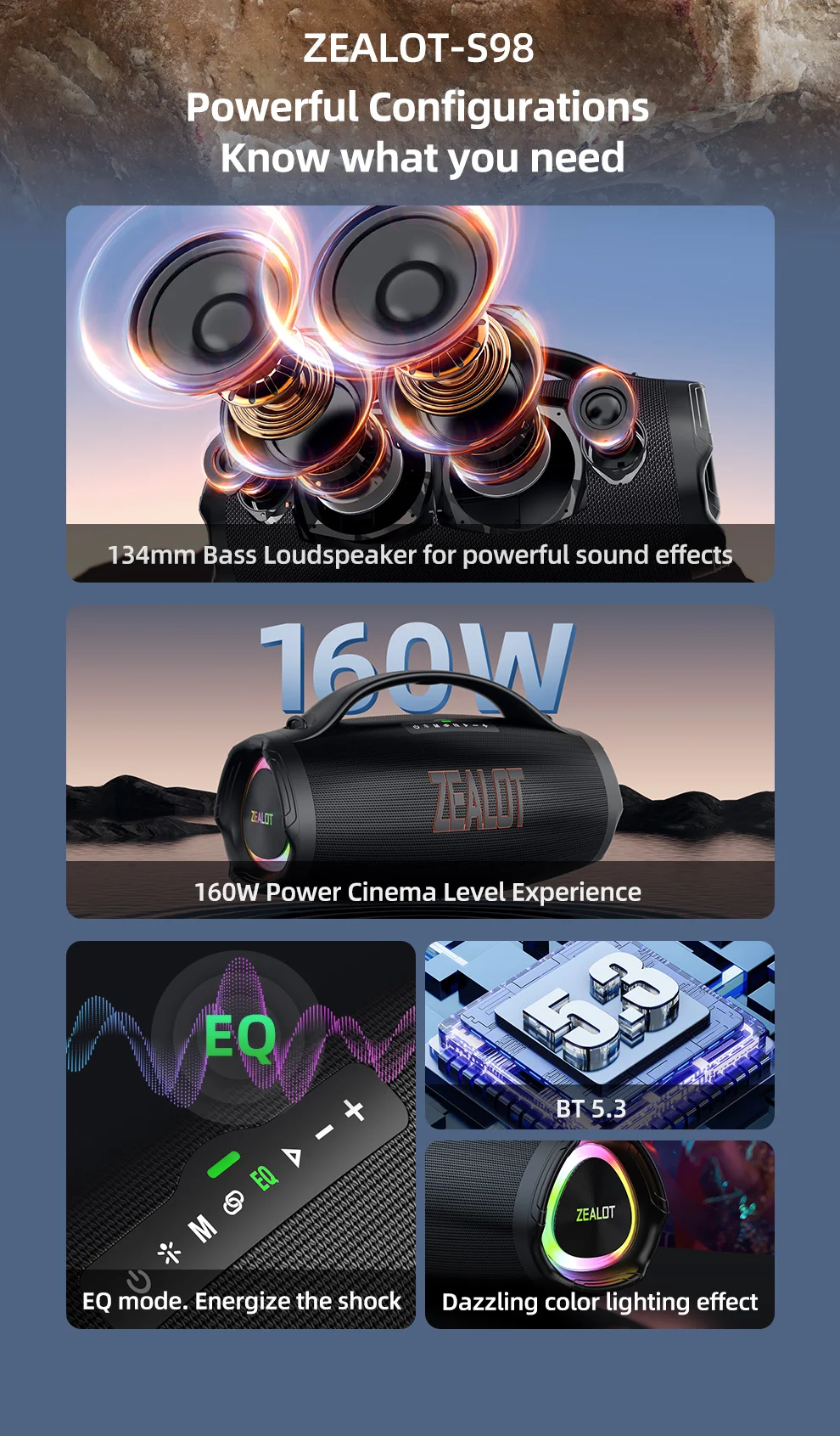 Hot Selling Bluetooth speaker 160watts powerful wireless speaker strong bass new Zealot Speaker S98