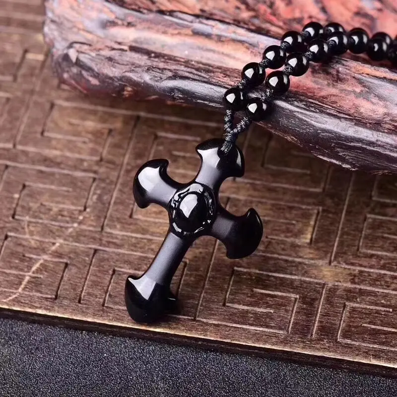Natural Obsidian Cross Pendant Necklace 