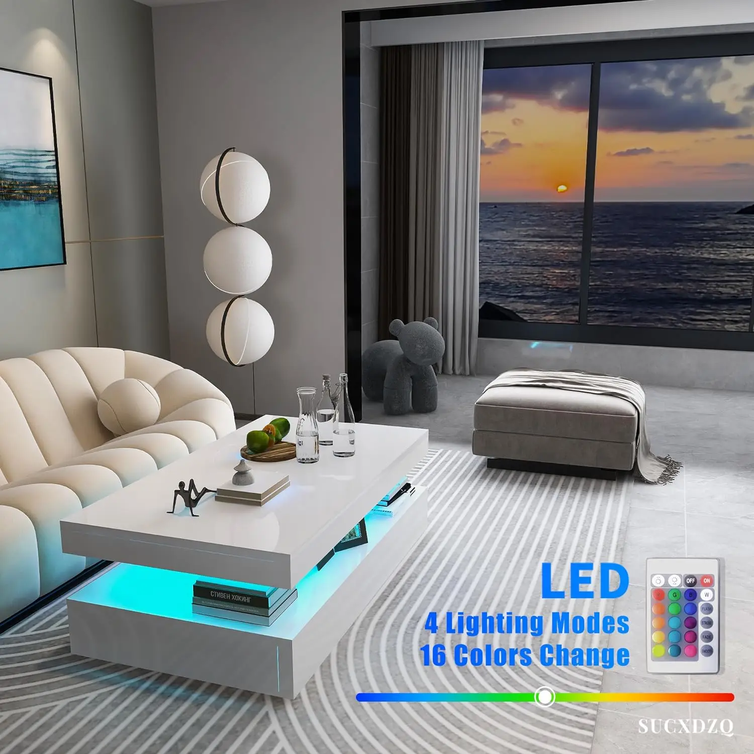 Modern White LED Light Rectangular Coffee Table with Remote Control for Living Room Furniture