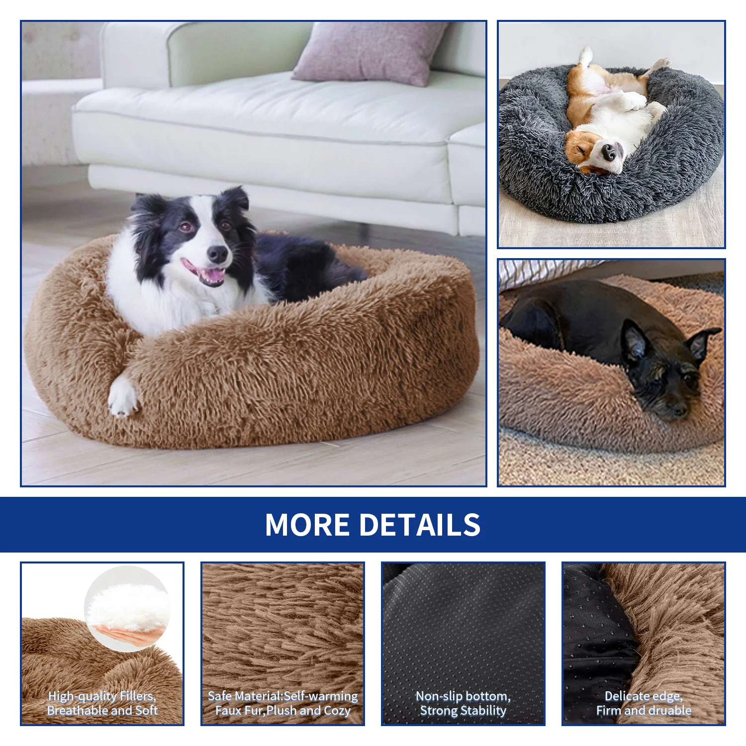 Wholesale washable warm fluffy soft plush big xl xxl heavy duty extra large round donut pet dog bed for large dogs details