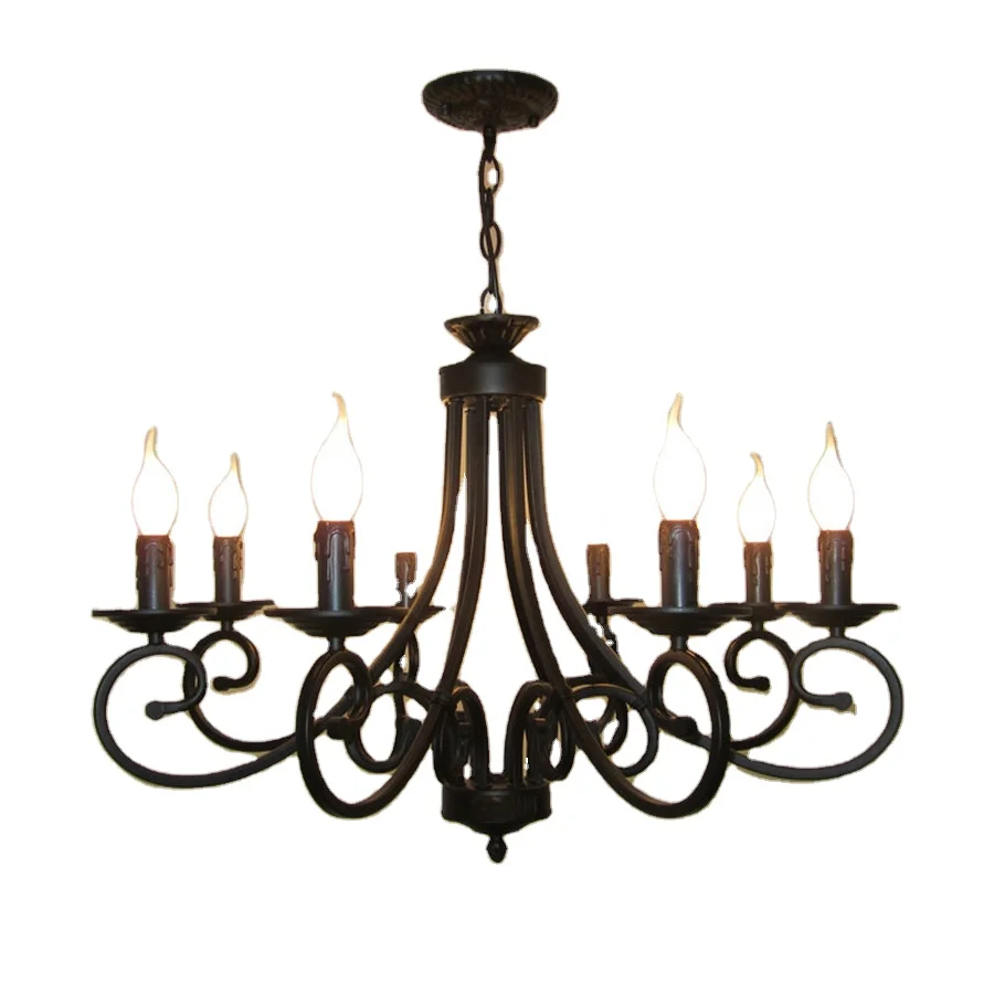 French Arms Rustic Candle Light Chandelier Black Wrought Iron