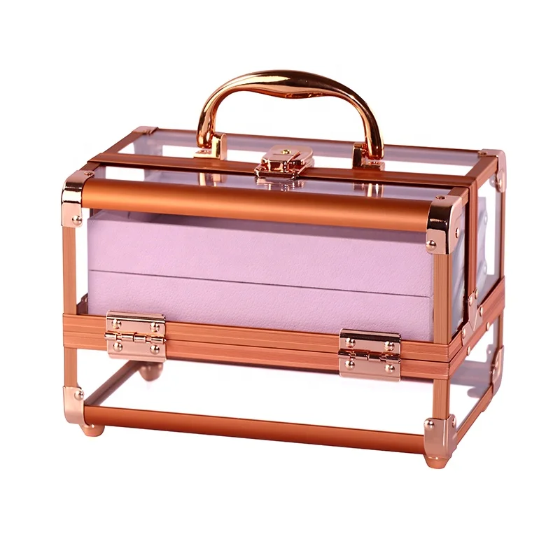 OEM Portable Transparent Rose Gold Acrylic Aluminum Makeup Kit Cosmetics  Train Case Makeup Box