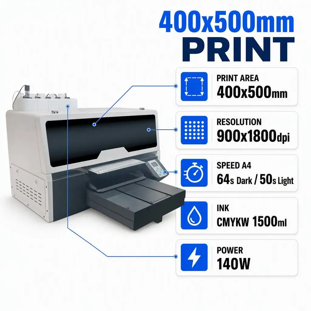 Industrial Dual-Head DTG Printer 400x500mm CMYKW 2400 White Nozzles 900x1800dpi Direct Spray Paint Ink for Custom T-Shirt