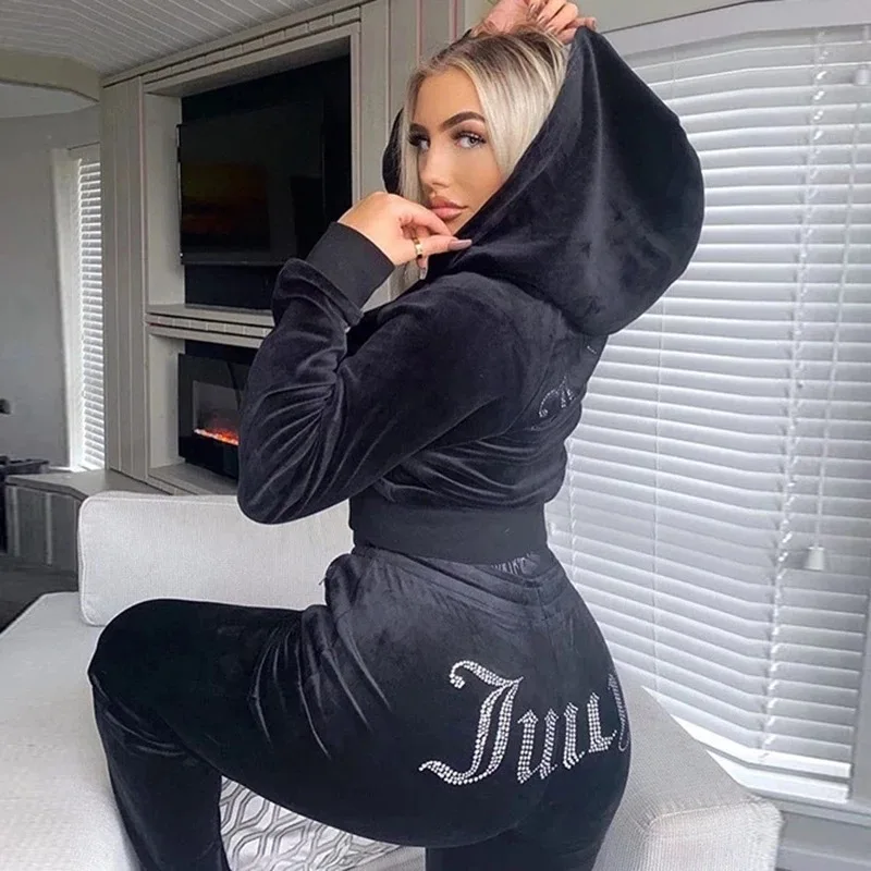 Women's Two-Piece Think Fall Clothing Y2K Rhinestone Hoodie Zipper Jacket Drawstring Tro