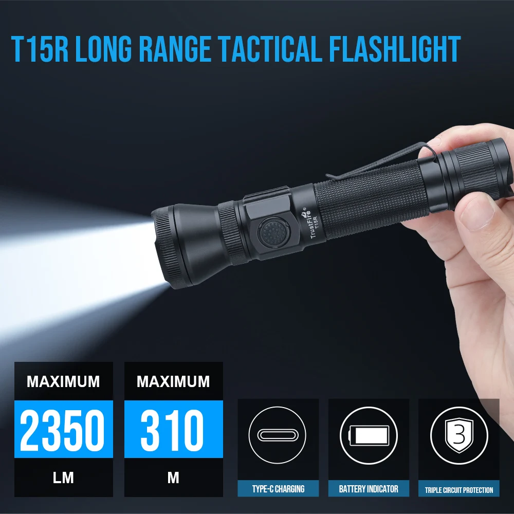 TrustFire T15R High Power 2350LM LED Climbing Torch Light 310M Long Distance IP68 Waterproof USB C 18650 Tactical Flashlight