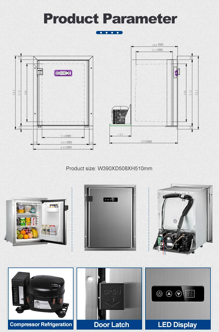 Hot Sale Electric Built-in Caravan Refrigerator Fridge Freezer 12V/24V with DC Compressor for RV Trailer Boat 40L/50L Silver