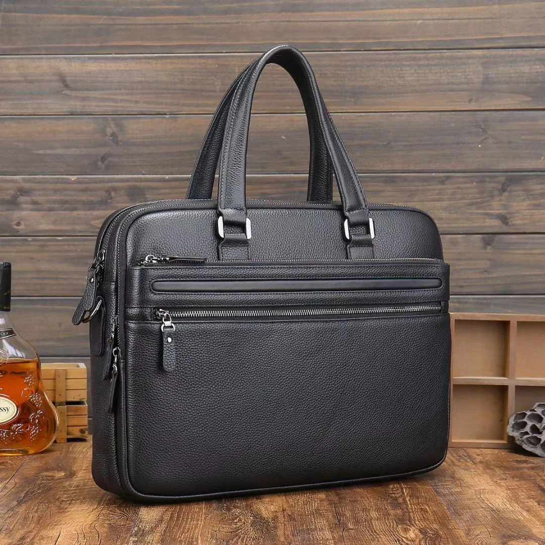 Cow Leather 15.6 Inches Case Messenger Business Bag for Office Man Real Black Pebble Genuine Leather Computer Laptop Briefcases