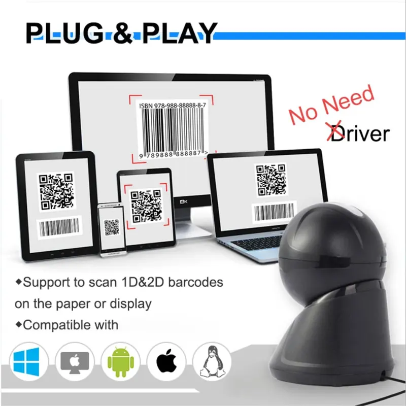 1D 2D Omnidirectional Barcode Scanner QR Code Desktop Bar Code Reader for Supermarket Store Auto Sense Data Matrix Reader