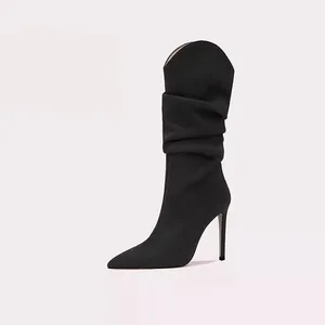 Women's Stylish Black Suede Knee-High Boots with Thin Heel and Pointed Toe High Top Height Increasing Feature for Winter