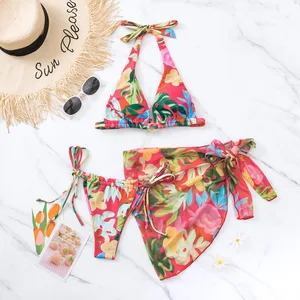 2023 Sexy Girl Hot Girls Xxx Bikini Set With Floral Print and Double Rope Ties Three Piece Swimsuit