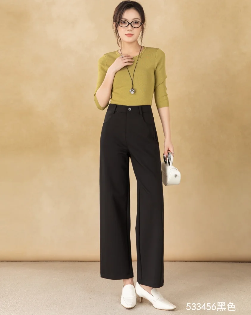 New Women's Loose Straight-Cut Wide-Leg Pants Zipper Fly Casual Anti-Wrinkle Long Clothing Trousers for Winter