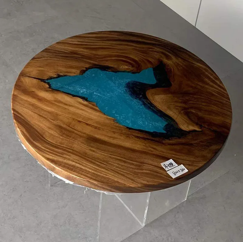 Tavolo in resina epossidica trasparente oceano blu fiume chiaro con Design  speciale di alta qualità in legno di noce con Logo rotondo diretto in