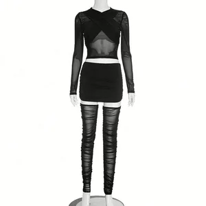 Dropshipping New Arrivals Trendy Fall Winter 2026 Women Clothing High Quality Sexy Mesh Pants Set