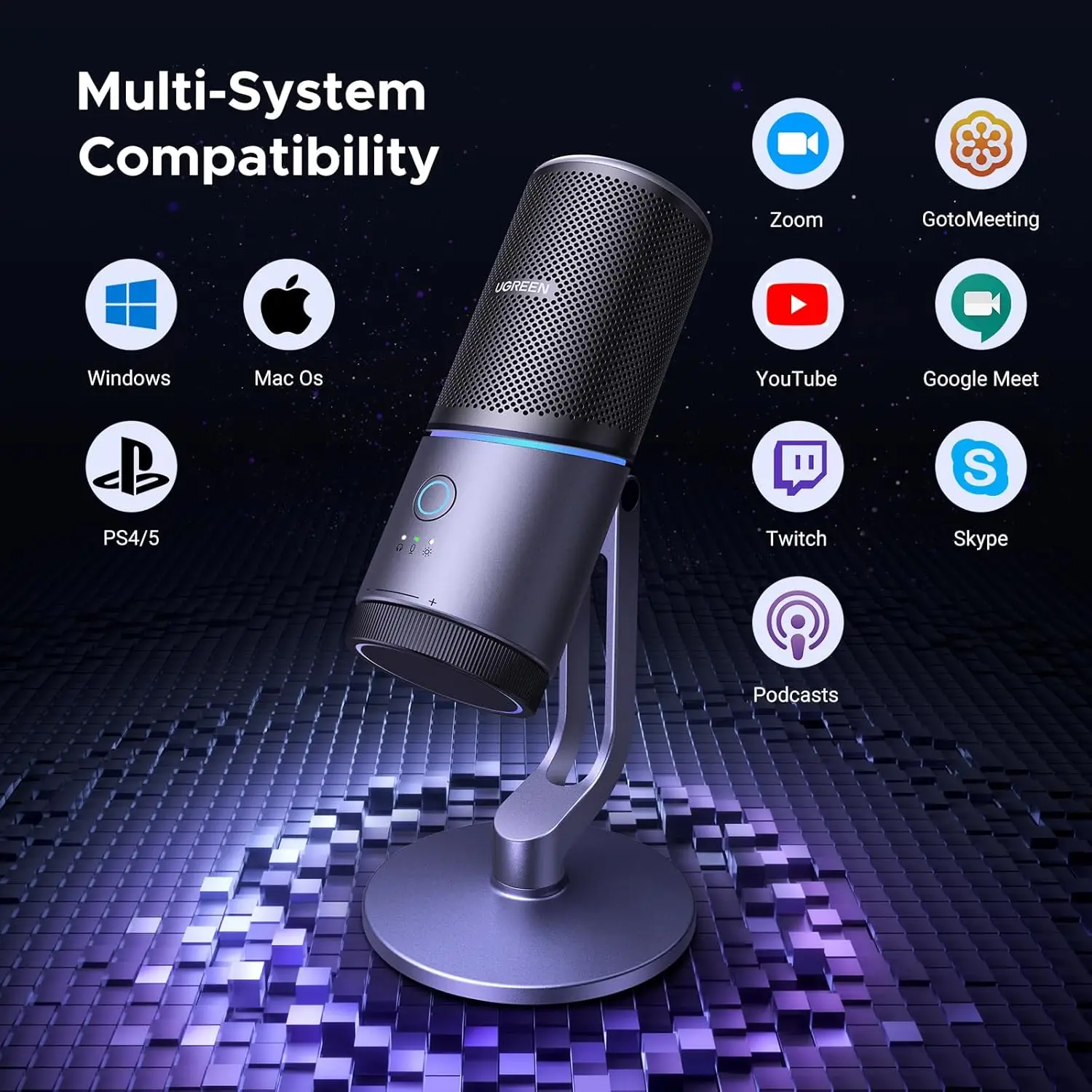 UGREEN Microfoon UGREEN Mikrofon Gaming Für PC Und PS5/PS4 Mit USB, 24bit/ 96kHz, RGB Condensatormicrofoon Ruisonderdrukking