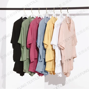 Fung 6052 New Design Oversized Ladies Pyjamas Two Pieces Summer Women Sleepwear Blend Linen Pajamas Set
