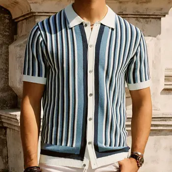 Men's striped knitted sweater cool silk knitted business cardigan casual viscose men Polo shirt