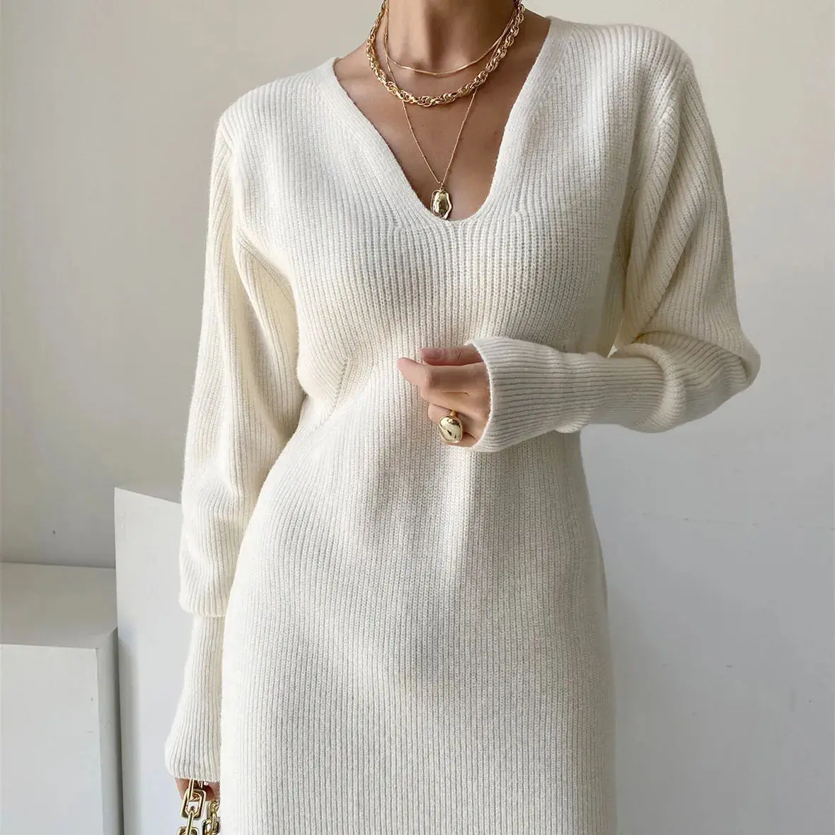 2026 Supplier Custom Long Sleeve Sweater Dress Plus Size Luxury High Waist  Fitted V-Neck Ribbed Knit Sweater Dress for Women