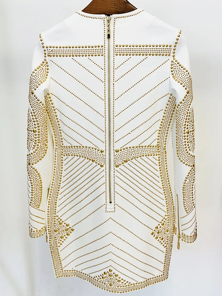 2023 Spring Autumn Quality Rivet Beading Long Sleeve Round Neckline Women Casual White Mini Dress