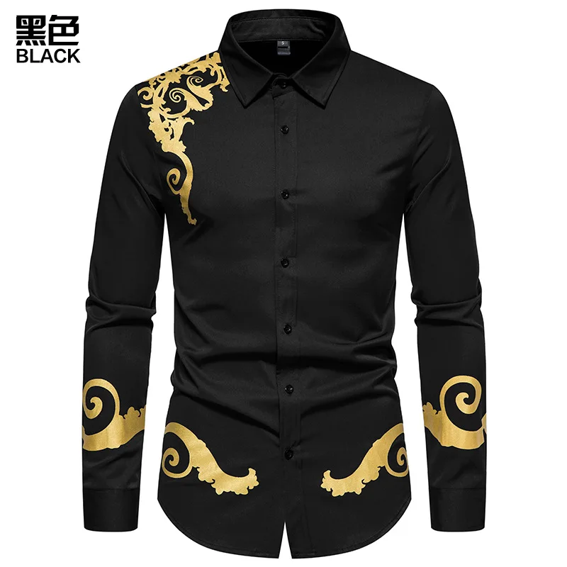 High Quality Gold Black Shirt Men New Slim Fit Long Sleeve Camisa Masculina  Gold Black Chemise Homme Social Men Club Prom Shirt