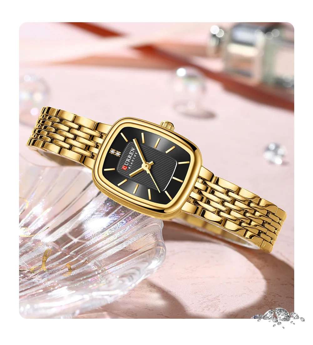 CURREN 9093 Fashion Diamond Stainless Steel Strap Watches Rectangle Ultra-thin Simple Design Japan Quartz Lady Watches For Women