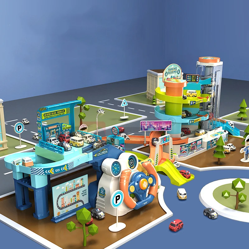 Car Building 2-in-1 Set DIY Assembly Race Track Playsets Multi Layer City Garage Parking Building Tower Vehicle Car Toy for Kids