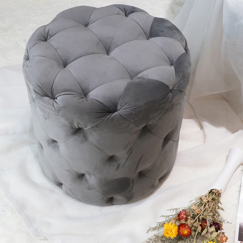 Customized Nordic Style Grey Modern Storage Ottoman Round Velvet Footrest Stool Pouf Seat