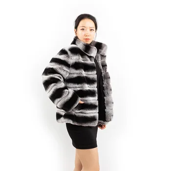 stand collar chinchilla fur coat winter rex rabbit fur coat for women